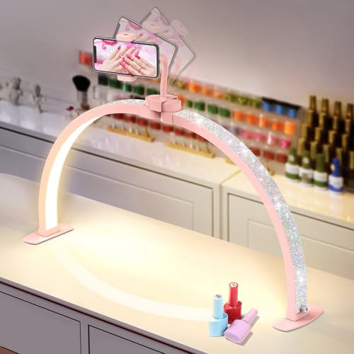 Yokilly Half Moon Light for Nail Desk: 29" Foldable Half Moon Nail Desk Lamp with Phone Holder for Beginner - Arch Tech Light with 3 Color Modes & 10 Brightness for Manicure Salon (Pink Diamond) - color: Pink Diamond, size: Large