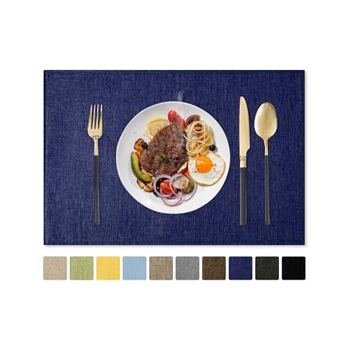 Romanstile Cloth Placemats Set of 6-12 x 18 Inch, Heat Resistant Double Layered Thickened Burlap Place Mats, Washable Faux Linen Farmhouse Table Mats for Kitchen/Dining/Party/Outdoor, Navy Blue - color: Navy Blue, size: Placemats 12" X 18", Set of 6