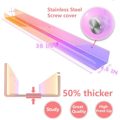 36 inches Iridescent Acrylic Floating Shelf,Wall Mounted Kids Bookshelf, Display Book Shelves for Kids Nursery Toddler Classroom 2 Packs - color: 36in-iridescent