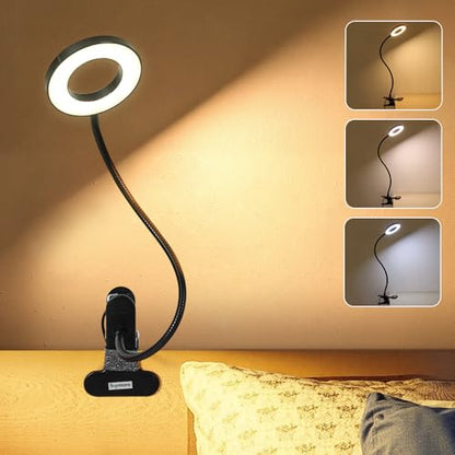 Skymore Desk Clip on Light, [3 Color Modes & 10 Brightness] LED Reading Light with Clamp, Flexible Gooseneck Book Light for Kids Reading Book in Bed, Headboard-Black - color: Black