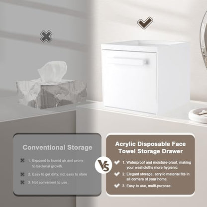 Disposable Face Towel Storage Box Compatible with Clean Skin Club Clean Towel XL Acrylic Facial Towels Holder with Drawer Wall-Mounted Makeup Organizer for Vanity, Bathroom (Glossy White) - color: Glossy White