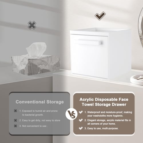 Disposable Face Towel Storage Box Compatible with Clean Skin Club Clean Towel XL Acrylic Facial Towels Holder with Drawer Wall-Mounted Makeup Organizer for Vanity, Bathroom (Glossy White) - color: Glossy White