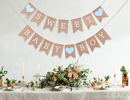 Sweet Baby Boy Burlap Banner - Rustic Baby Shower Decorations, Photo Props (Sweet Baby Boy Blue) - color: Sweet Baby Boy Blue
