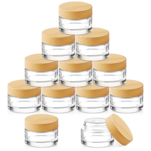 Bumobum 12 Pcs 5 Grams Glass Cosmetic Jars with Plastic Wood-Grain Lids, 5 ml Lip Balm Containers Empty Tiny Sample Jars for Lip Scrub Makeup Eye Cream Travel - color: 5g-12pack