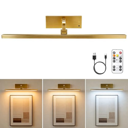 Picture Light for Wall Painting Lighting,Remote Control Art Display Light,3 Lighting Colors Brightness Dimmable Timer Auto-Off,High Lighting Your Gallery Poster Portrait Frame Dartboard - color: Gold