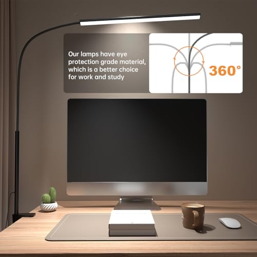 LED Desk Lamp with Clamp, Eye-Protection Clip on Desk Lamp, 5 Modes 10 Brightness Adjustment, 360°Flexible Gooseneck Lamp for Home Office, Lamps with USB Adapter，Black - color: Plus.-Black
