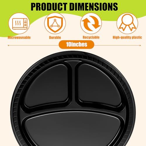 Umigy 100 Pcs 10 Inch 3 Compartments Divided Plastic Plates Bulk Colorful Disposable Heavy Duty Round Dinnerware for Valentine Wedding Birthday Party (Black) - color: Black