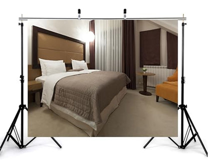 7x7ft Modern Hotel Bedroom Backdrop Cozy Neutral Tone Interior View Photography Background for Party Home Decor Themed Event Decorations Tapestry Photo Booth Props - size: 7x7ft