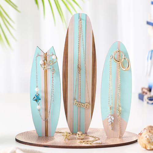 Wonderjune Jewelry Organizer Stand, Coastal Christmas Surfboard Decor, Preppy Beach Room Decor, Wooden Hawaii Surfer Gift, Teen Girl Room Decoration(Blue) - color: Blue
