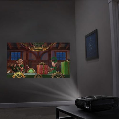 Christmas Digital Decoration Kit Includes AtmosFX Santa's Workshop with 5 Video Effects for Christmas Plus HD Super Bright Projector and 48” x 72” Holographic Projection Screen