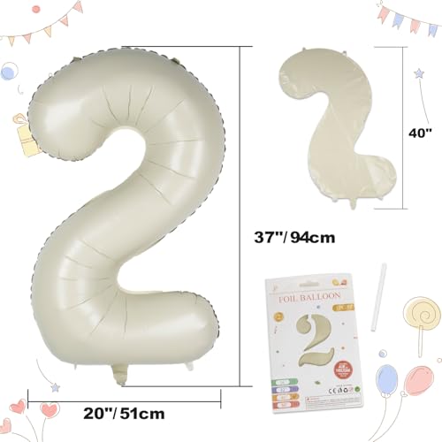 CARGEN 40 Inch Creamy White Number 2 Balloon, Large Beige Foil Mylar Digital 0-9 for Birthday Decorations, Boho Neutral Party Supplies, Wedding Anniversary Photo Props, Helium or Air Fill - style: Number 2