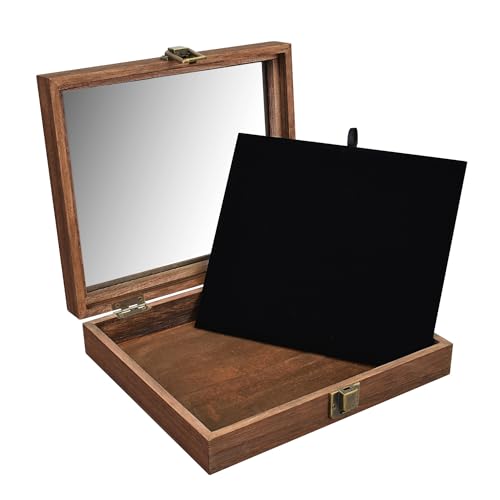 MOOCA Tempered-Glass Top Small Wooden Jewelry Display Case with Removable Black Luxurious Velvet Jewelry Display Pad, Deeper 2.2" Design for Collectibles, Brown Color. - color: Brown With Velvet Pad