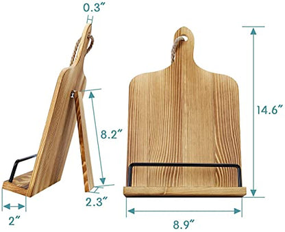 Soligt Cookbook Stand for Kitchen Counter Adjustable iPad Tablet Recipe Book Holder Rustic Wood Cutting Board Style - Brown - color: Brown