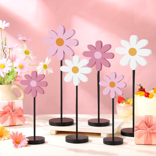 Geetery 6 Pack Spring Floral Centerpieces Wooden Daisy Table Decor Boho Daisy Flower Tabletop Decor Spring Table Decorations for Home Farmhouse Kitchen Dining Living Room Office Desk(Pink Series) - color: Pink Series
