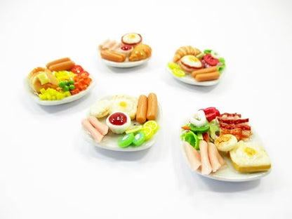 Dollhouse Miniature Food 5 Ceramic Plates Breakfast Sausage Ham Egg Supply 13744