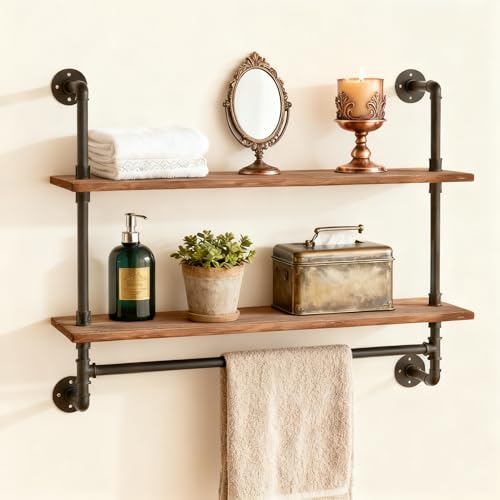 ROGMARS Industrial Pipe Shelving Bathroom Shelves with Towel bar, 30 in Rustic Floating Shelves Pipe Wall Shelf with Hooks for Living Room,Kitchen - color: Rustic Brown, size: 30 Inch 2 Tier