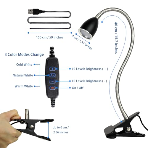 Desk lamp Eye-Caring Table Lamps, 360°Rotation Gooseneck Clip on Lamp Reading Light, Portable Reading Book Light, Clamp Light, Study Desk Lamps for Bedroom and Office Home Lighting (Black with Dimmer) - color: Black with Dimmer