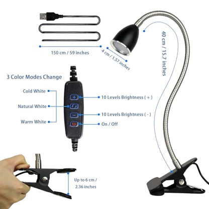 Desk lamp Eye-Caring Table Lamps, 360°Rotation Gooseneck Clip on Lamp Reading Light, Portable Reading Book Light, Clamp Light, Study Desk Lamps for Bedroom and Office Home Lighting (Black with Dimmer) - color: Black with Dimmer