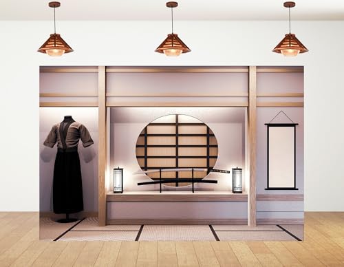6x4ft Japanese Style Samurai Room Backdrop Katana Display Round Window Photography Background for Samurai Themed Party and Cultural Event Decorations Tapestry Photo Booth Props - size: 6x4ft