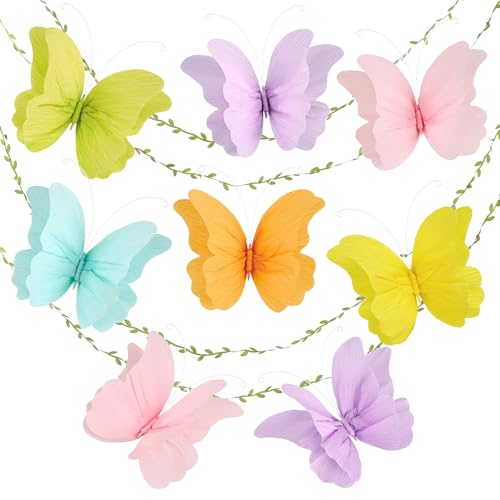 3D Hanging Butterfly Decorations, Colorful Butterfly Birthday Party Decorations, 8 Pcs Paper Butterfly Hanging Decorations with Green Leaf Strings for Girls, Women, Flower Garden Party Decor - color: Pink Purple