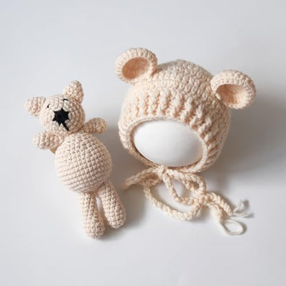 Zeroest Newborn Baby Boy Girl Photography Props Bear Hat Outfits Crochet Kint Handmade Cap Set for Newborn Photo Shoot - color: Beige