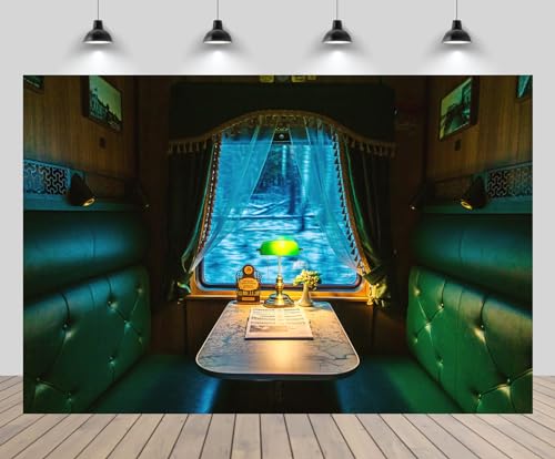 5x4ft Luxury Vintage Train Interior Backdrop Retro Train First-Class Carriage Green Sofa Background for Theme Party Decor Kids Adults Artistic Portrait Photo Studio Props - size: 5x4ft