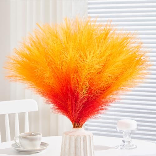 50pcs Faux Pampas Grass,17.7" Artificial Fluffy Pampas Grass Decor Short Fake Pompos for Home Room Birthday Party Centerpieces Decoration(Orange&Burgundy) - color: Orange