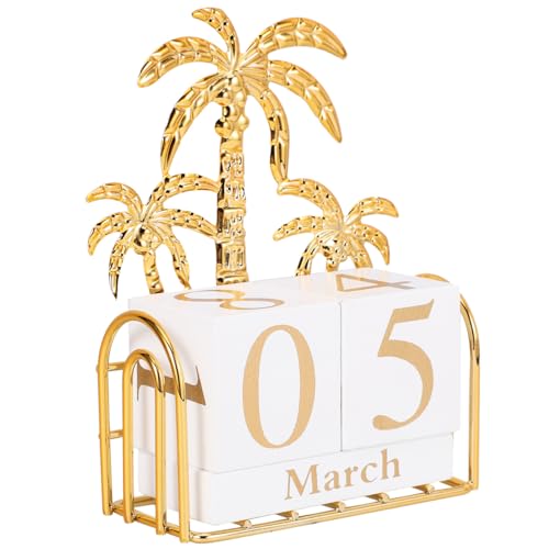 Toddmomy 1 Set Perpetual Calendar Vintage Rustic Wooden Block Calendar Month Date Display Calendar for Home Office Decor (Golden Palm Tree) - color: Gold