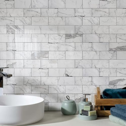 Vamos Tile 100-Piece Glossy Statury White Peel and Stick Backsplash Tile,3''x6'' PVC Subway Tile with Dark Gray Grout, Stick on Backsplash for Kitchen/Bathroom/Fireplace - color: Statury White with Dark Gray Grout