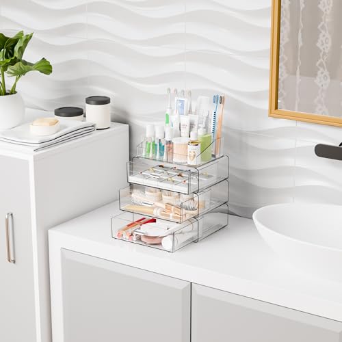 Yieach Clear Acrylic Makeup Organizers Countertop for Dresser,Desk,Bathroom Vanity,4 Tier Stackable Make up Holders and Makeup Cabinet,Tiered Cosmetic Storage and Make up Containers for Palette,Brush - size: 3 Drawers