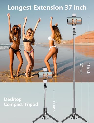 Selfie Stick Tripod with Light, 45'' Selfie Stick with Wireless Remote, Portable Phone Tripod Compatible with iPhone 16/15 Pro Max/15/14 Pro/14/13, Samsung S22/ S23 Ultra/Android Smartphone - color: Black - 45" Standard Height