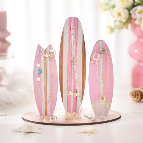 Wonderjune Jewelry Organizer Stand, Coastal Christmas Surfboard Decor, Preppy Beach Room Decor, Wooden Hawaii Surfer Gift, Teen Girl Room Decoration(Pink) - color: Pink
