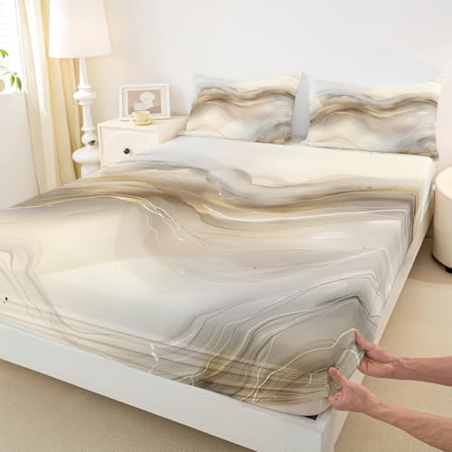 Erosebridal Watercolor Marble Fitted Sheet for Boys Girls Kids Beige Gold Metallic Marble Full Bed Sheets,Luxury Marbled Texture Sheets Minimalist Wind Marbling Bedding Sets, No Top Sheet - color: Beige, size: Full(No Top Sheet)