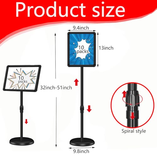 10 Packs 8.5x11 Inch Pedestal Poster Sign Stand, Vertical and Horizontal Adjustable Floor Standing Snap Open Frame for Display in Malls, Schools, Restaurants (Black)