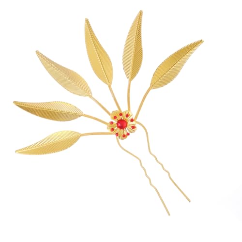 Lureme Thai Ethnic Hairpieces Alloy Leaf Hairpin with Rhinestones Hair Accessories for Women(hb000015-1) - color: gold with red strass