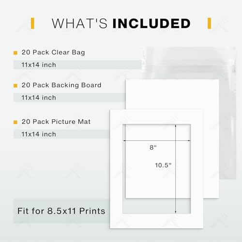 Golden State Art, Pack of 20, Pre-Cut 11x14 White Picture Mat Kit for 8.5x11 Photo, 20 White Core Bevel Cut Mattes, 20 Backing Boards and 20 Clear Bags - color: White, size: 11x14 for 8.5x11 (20 Pack)