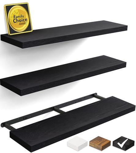 BAYKA Floating Shelves for Wall, Set of 3, 36 Inches Long Black Wall Mounted Rustic Wood Shelves for Bathroom, Bedroom, Living Room or Kitchen, for Book/Storage/Decor with 30lbs Capacity - color: A. Black - Universal Classic Style, size: 36inches