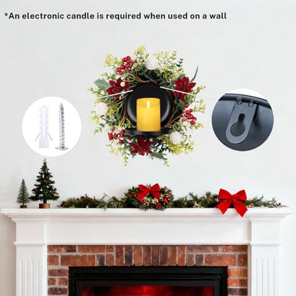 MOYEE Candle Holder Centerpieces for Tables,Candle Ring,Wreaths, Black Metal Candle Stick Paired Artificial Flowers 14 in Versatile Dining Table Centrepiece - color: White Ball Wreath