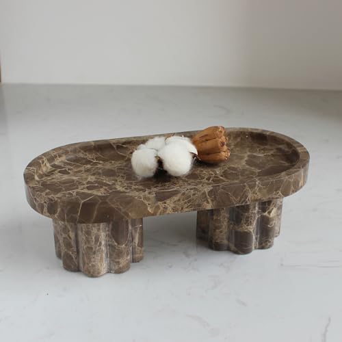 Natural Travertine Marble Oval Tray with 2 Legs, 10" Vanity Decorative Tray for Countertop Organizer, Catchall Tray for Perfume, Candles, Jewelry Dish - color: Brown Emperador Marble
