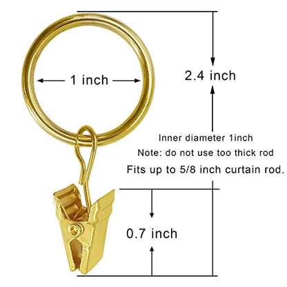WeeksEight 100 Pack Gold Curtain Rings with Clips, Curtain Hooks Hangers Clip Rings for Hanging Drapes Bows Hat, Drapery Rings 1 in I D, Fits up to 5/8 in Diameter Curtain Rod. - color: Gold, size: 1" I D Set of 100