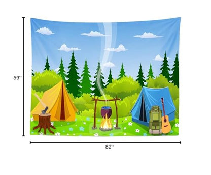 BELECO 7x5ft Fabric Camping Backdrop Cartoon Forest Scene Bonfire Campfire Party Camp Tent Little Lumberjack Birthday Banner Camper Backdrop Camping Theme Party Decoration Outdoor Adventure Photo Prop - size: 7x5FT