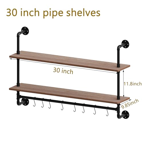 ROGMARS Industrial Pipe Shelving Bathroom Shelves with Towel bar, 30 in Rustic Floating Shelves Pipe Wall Shelf with Hooks for Living Room,Kitchen - color: Rustic Brown, size: 30 Inch 2 Tier