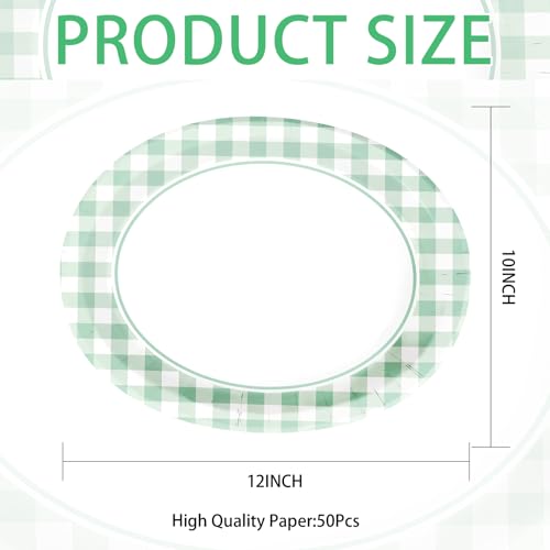 Grencian 50 Pcs Gingham Party Supplies 10"x12" Large Sage Green Gingham Oval Plates Disposable Heavy Duty Green and White Checkered Plaid Paper Plates for Baby Shower Picnic BBQ Birthday Wedding Bride - style: Green Gingham Oval Plates