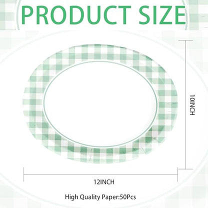 Grencian 50 Pcs Gingham Party Supplies 10"x12" Large Sage Green Gingham Oval Plates Disposable Heavy Duty Green and White Checkered Plaid Paper Plates for Baby Shower Picnic BBQ Birthday Wedding Bride - style: Green Gingham Oval Plates