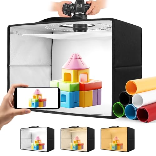 Photo Light Box, 16"x12"x12" Foldable Photography Light Box with CRI>95 120 Light Beads. Dimmable Shooting Tent Kit with White and Warm Light. 6 Color Backdrops Photo Booth for Studio Products Display - size: 16" x 12" x 12"