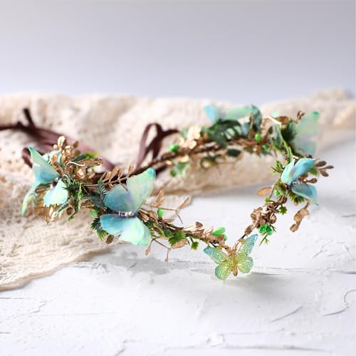 MOSTORY Handmade Fairy Butterfly Crown - Elf Flower Hadpiece Elven Headband for Women s Spring Wedding Maternity Shoot - color: Green-gold