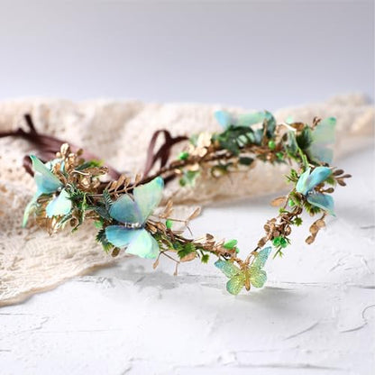 MOSTORY Handmade Fairy Butterfly Crown - Elf Flower Hadpiece Elven Headband for Women s Spring Wedding Maternity Shoot - color: Green-gold