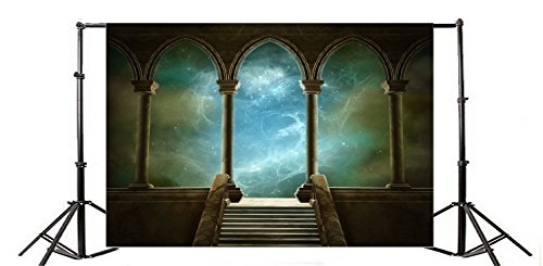 7x5ft Wedding 3D Render Backdrops Fantasy Starry Sky from Ancient Arches Background Dediaeval Gallery Temple Castle Marble Stone Column Staircase Photo Props - size: 7x5ft