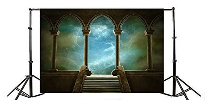7x5ft Wedding 3D Render Backdrops Fantasy Starry Sky from Ancient Arches Background Dediaeval Gallery Temple Castle Marble Stone Column Staircase Photo Props - size: 7x5ft