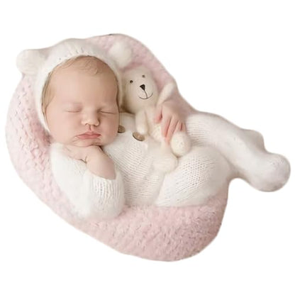 Zeroest Newborn Boy Photoshoot Outfits and Props Bear Bonnet with Footed Romper Infant Baby Photography Crochet Knitted Set - color: White-02